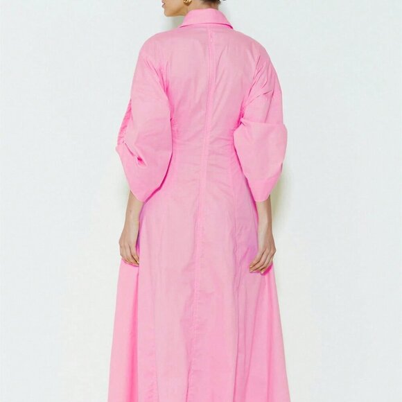 Pink Elegant Women's V-Neck Long Sleeve Maxi Dress with Flared Hem - Picture 3 of 3